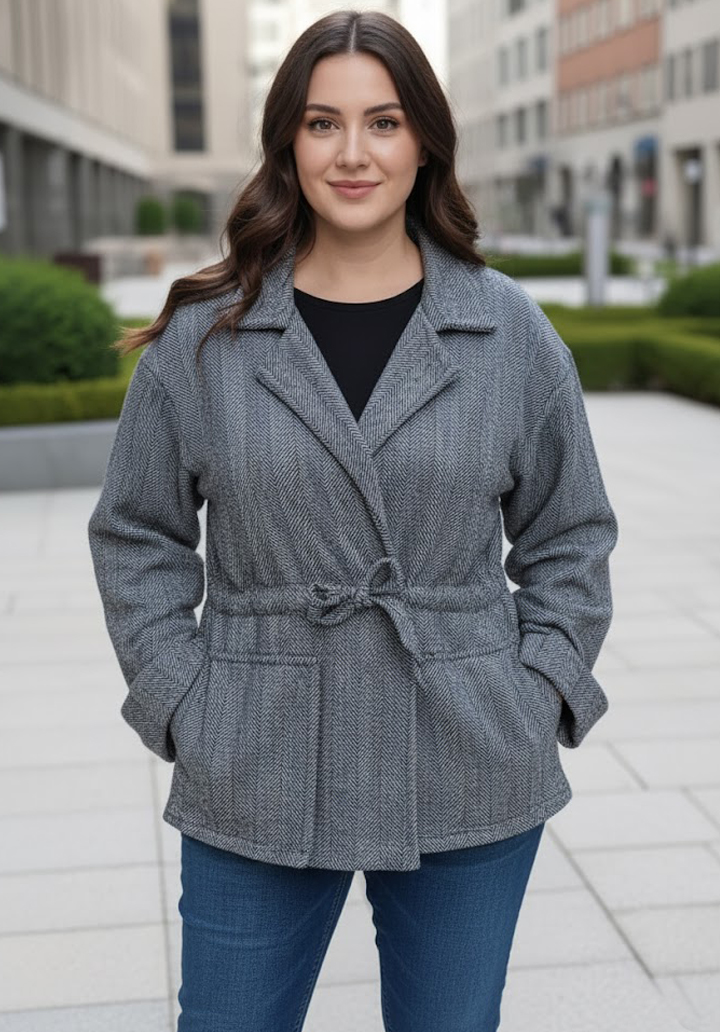 Kaşe Kumaş Bağlamalı Kuşak Detaylı Kısa Mont Ceket