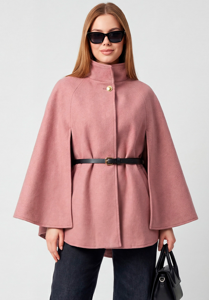 Yarım Kollu Kemerli Dik Yaka Kısa Kaşe Panço