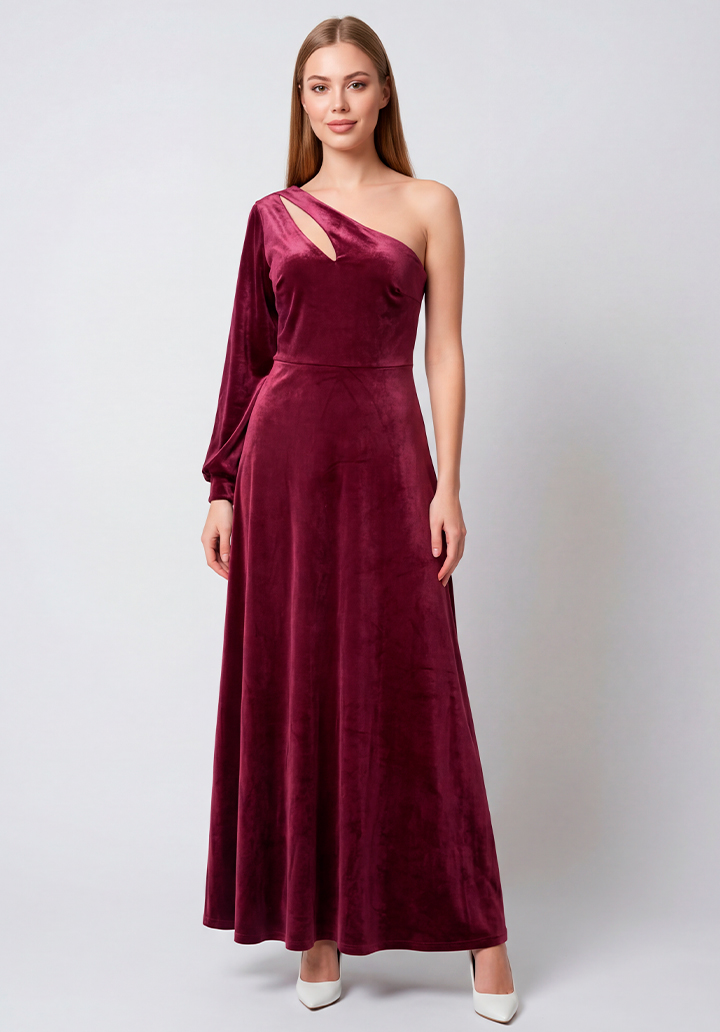Tek Omuz Dekolteli Uzun Kadife Gece Elbisesi