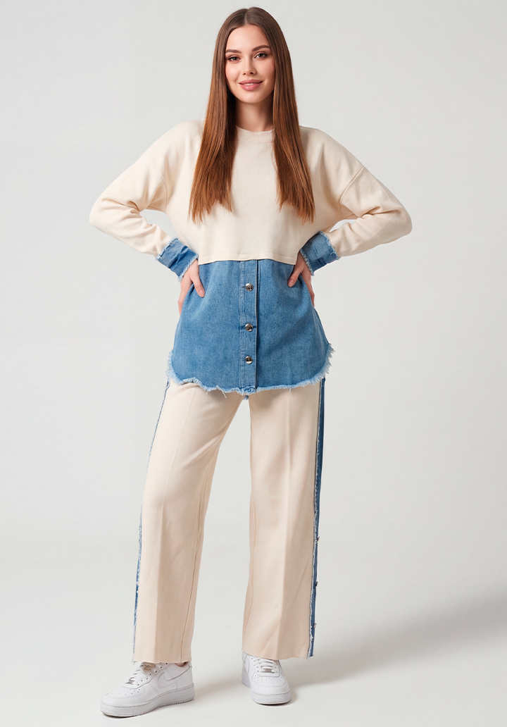 Kot Garnili Yanları Düğme Detaylı Triko Pantolon Tunik İkili Takım