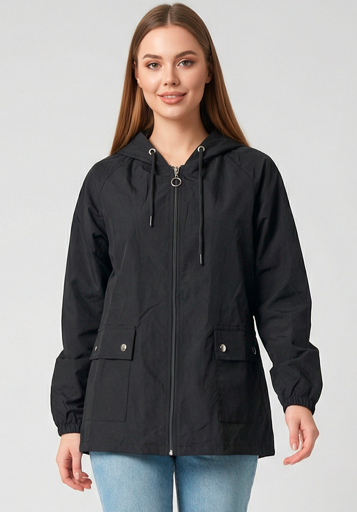 Kadın Siyah Kapüşonlu Fermuarlı Cepli Yağmurluk Rüzgarlık