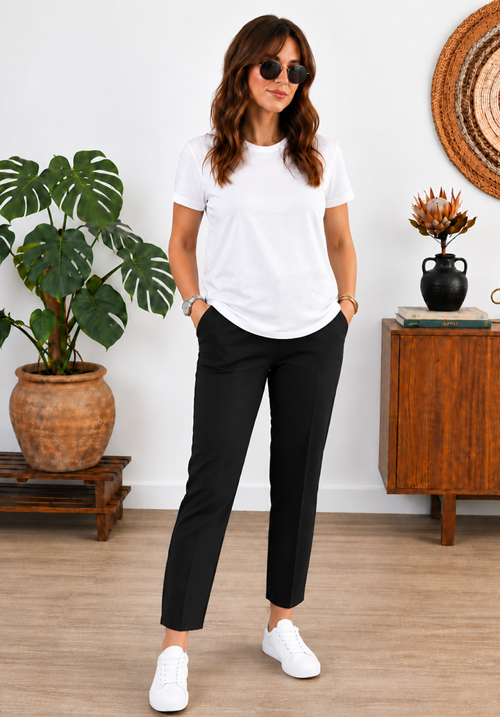 Kadın Bisiklet Yaka Oval Kesim Basic T-Shirt - Beyaz