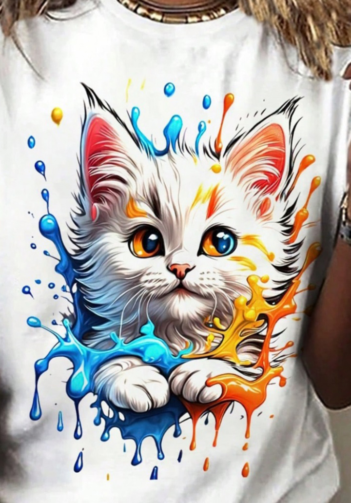 Kadın Kedi Baskılı Bisiklet Yaka Süprem T-shirt  - 2