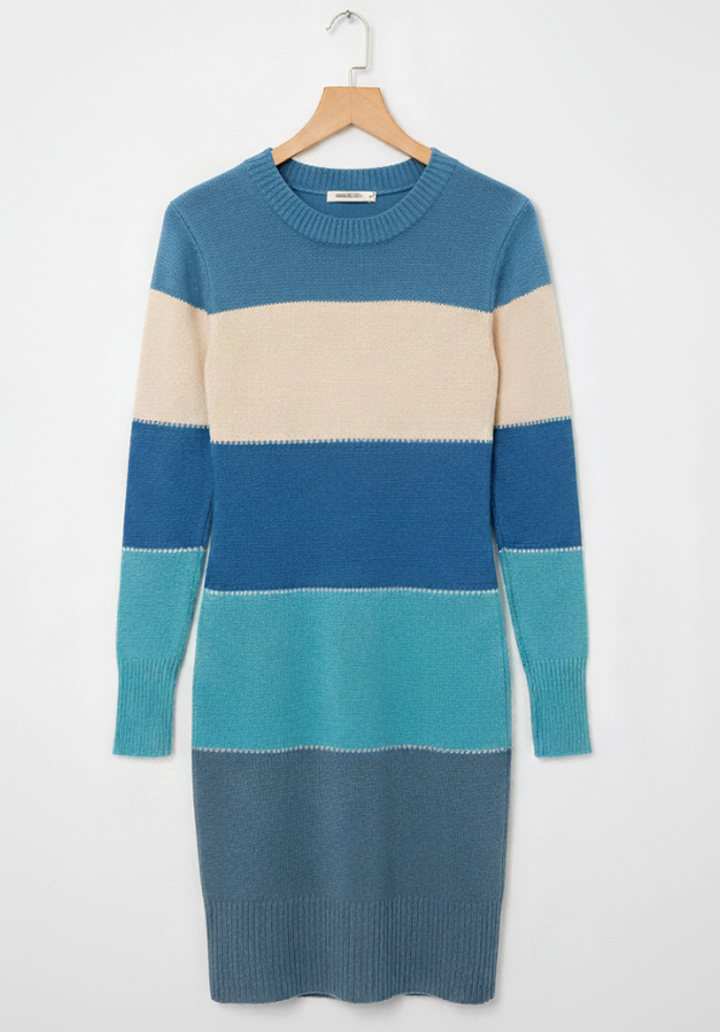 Kadın Uzun Kollu Bisiklet Yaka Çizgili Kısa Triko Elbise - 2