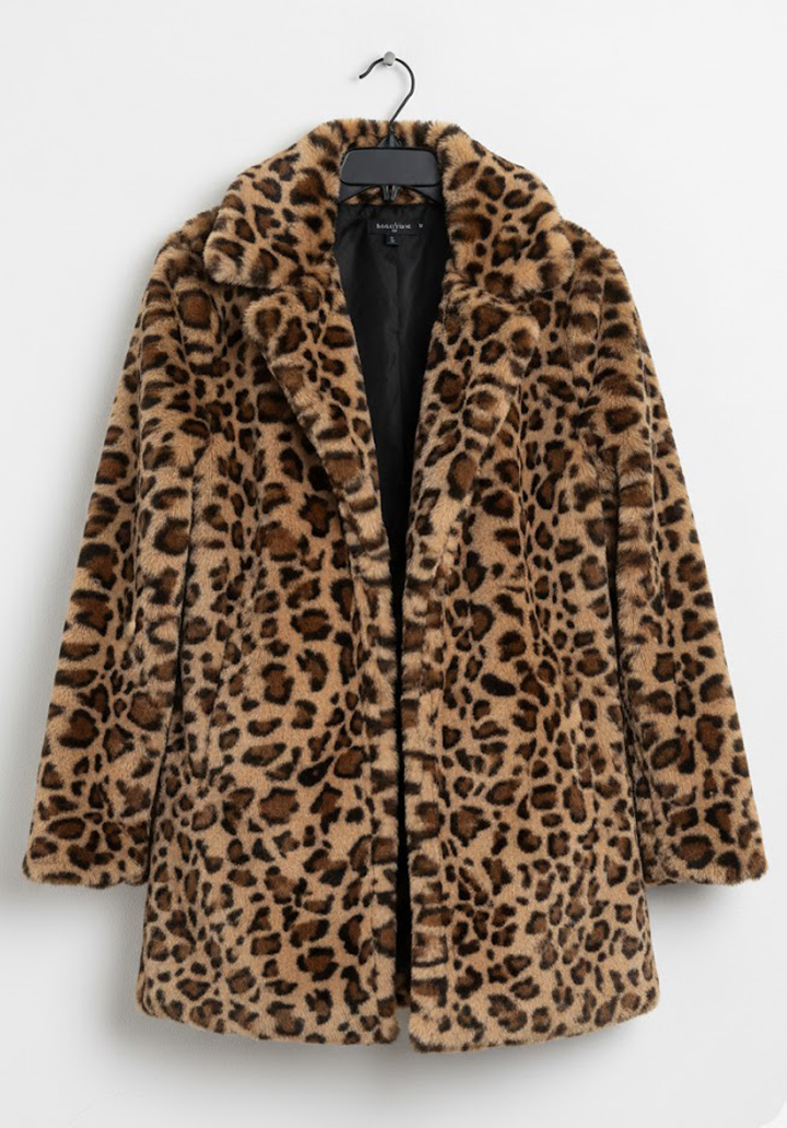 Kadın Uzun Kollu Yakalı Cepli Kısa Peluş Leopar Kaban - 2