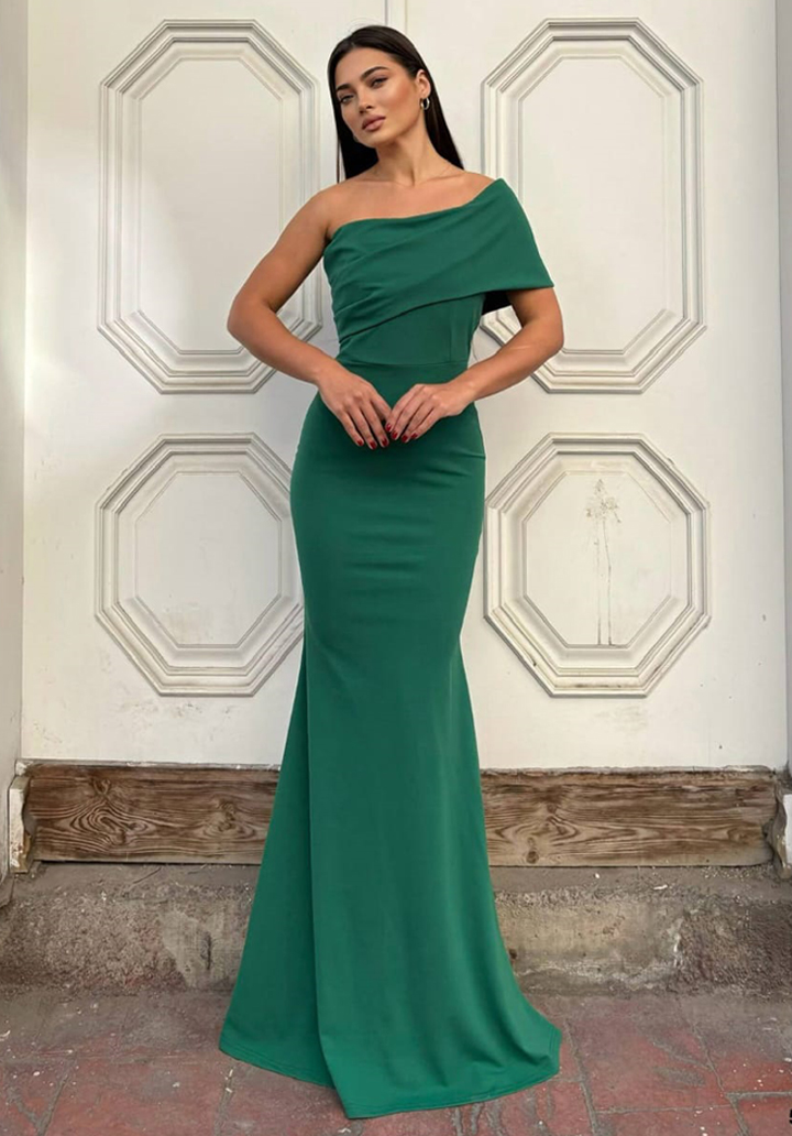 Straplez Yaka Tül Kol Aksesuarlı Krep Abiye Elbise - 2