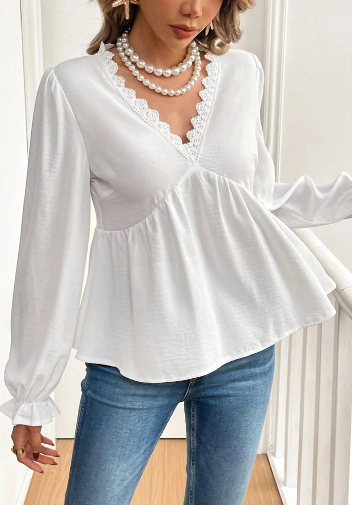 Kadın Uzun Kollu V Dantel Yaka Aerobin Bluz  - 2