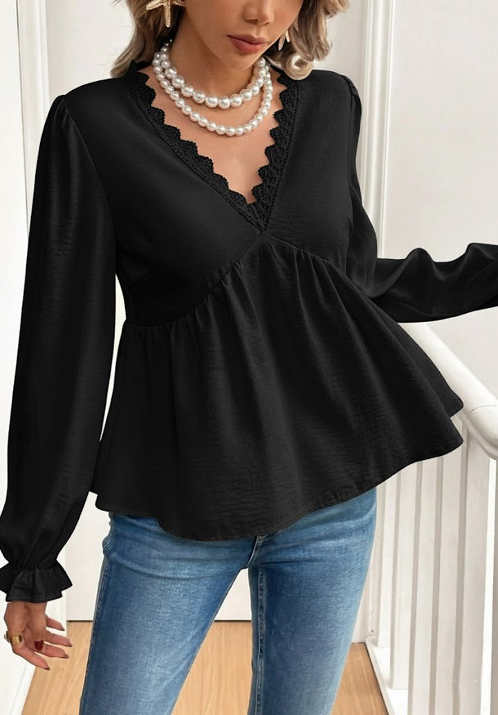 Kadın Uzun Kollu V Dantel Yaka Aerobin Bluz  - 2