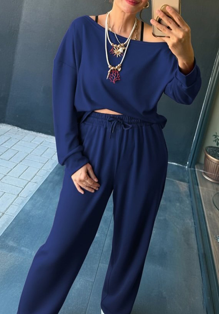 Kadın Uzun Kollu Tek Omuzdan Açık Viskon İki İplik Bluz ve Pantolon İkili Takım - 2