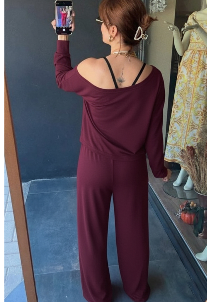 Kadın Uzun Kollu Tek Omuzdan Açık Viskon İki İplik Bluz ve Pantolon İkili Takım  - 2