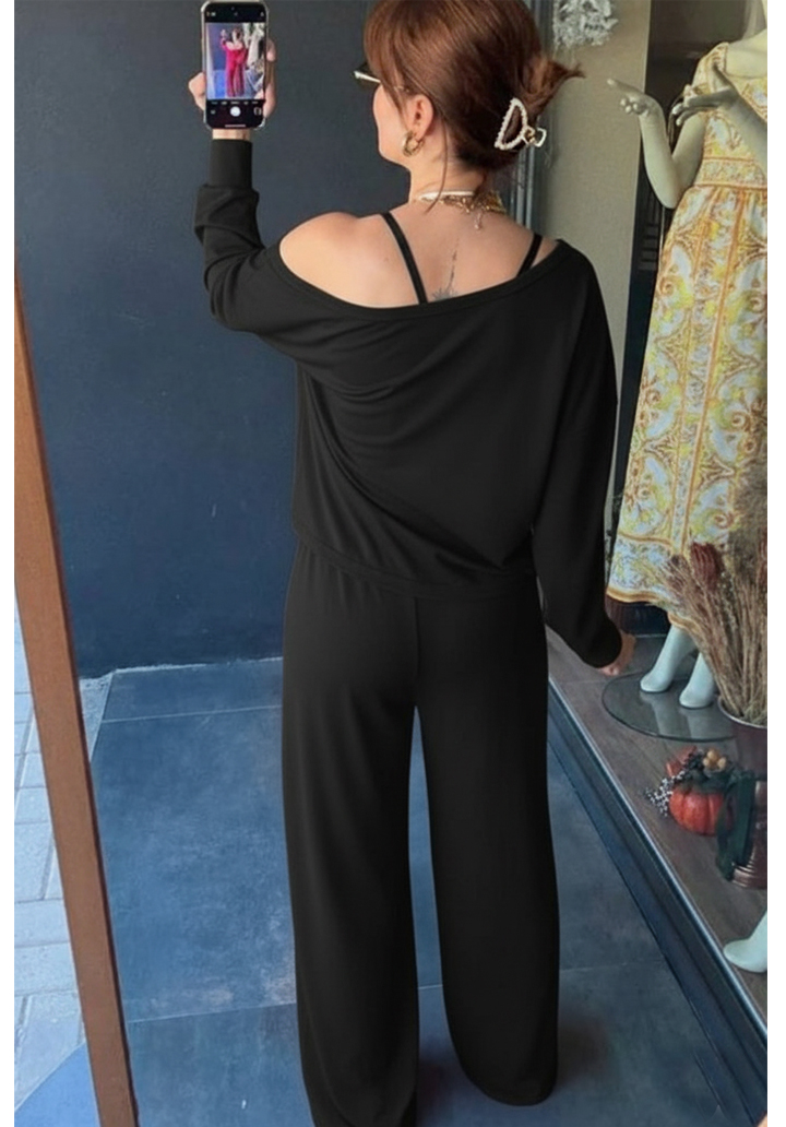 Kadın Uzun Kollu Tek Omuzdan Açık Viskon İki İplik Bluz ve Pantolon İkili Takım - 2