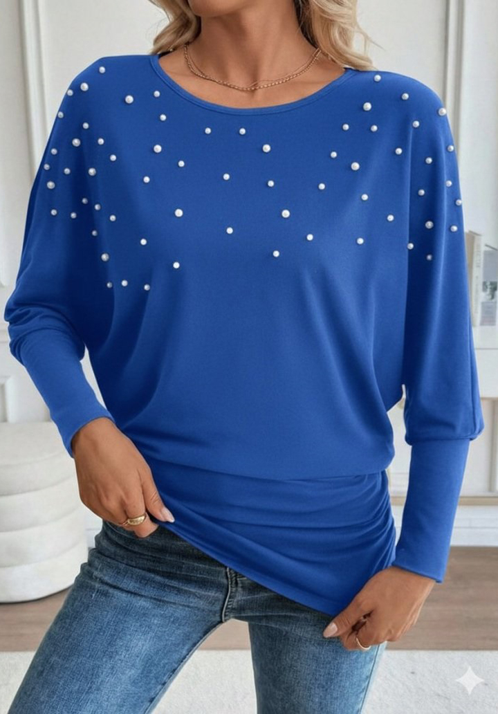 Kadın Uzun Kollu Yuvarlak Yaka İncili Viskon Bluz  - 2