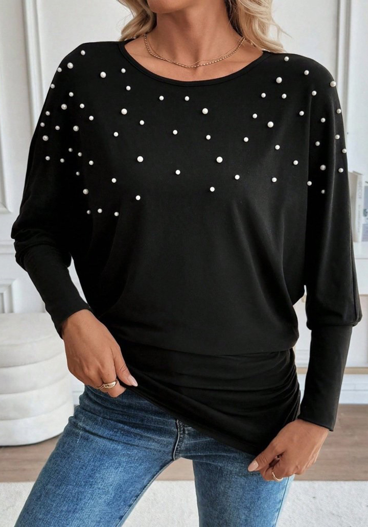 Kadın Uzun Kollu Yuvarlak Yaka İncili Viskon Bluz  - 2