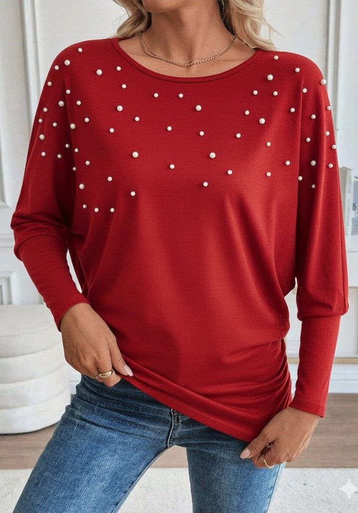 Kadın Uzun Kollu Yuvarlak Yaka İncili Viskon Bluz  - 2