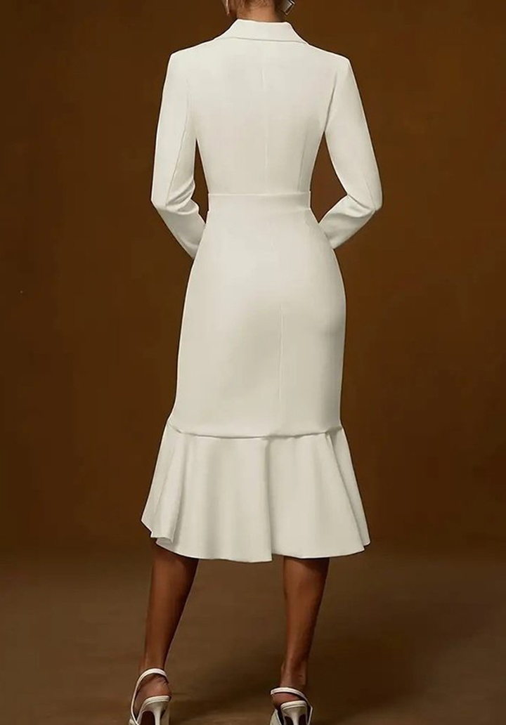 Kadın Uzun Kollu Yakalı Belden Oturtmalı Midi İthal Krep Elbise - 2