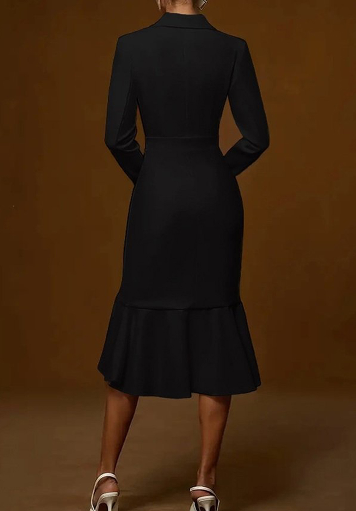 Kadın Uzun Kollu Yakalı Belden Oturtmalı Midi İthal Krep Elbise - 2