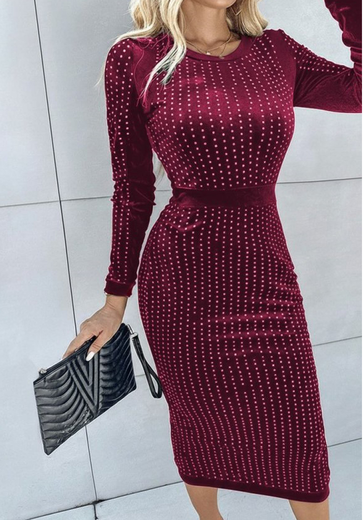 Kadın Uzun Kollu Bisiklet Yaka Taşlı Midi Kadife Elbise  - 2