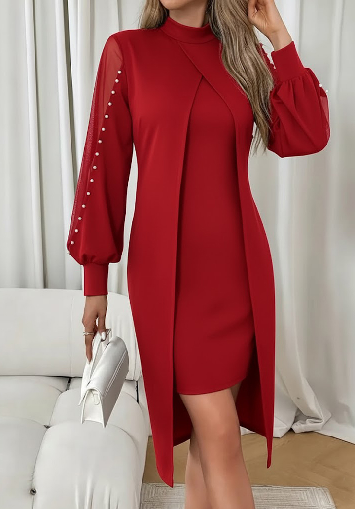 Kırmızı İnci Detaylı Tül Kollu Krep Kumaş Midi Boy Abiye Kadın Elbise - 2