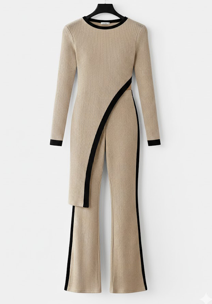 Kadın Uzun Kollu Bisiklet Yaka Asimetrik Kesim Bluz Şardonlu Kaşkorse Bluz ve Pantolon İkili Takım  - 2