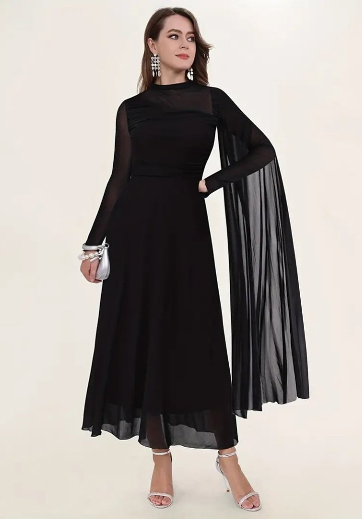 Siyah Sandy Kumaş Balılçı Yaka Tül Detay Uzun Abiye - 2