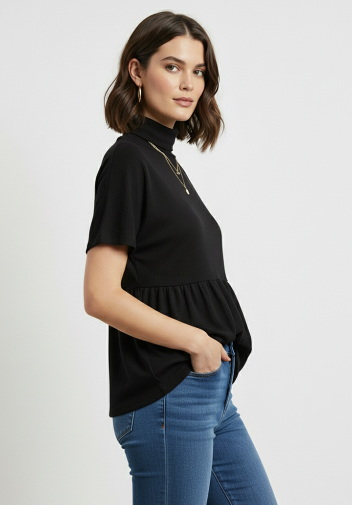 Balıkçı Yaka Kısa Kol Fırfırlı Peplum Kesim Triko T-Shirt Kazak - 2