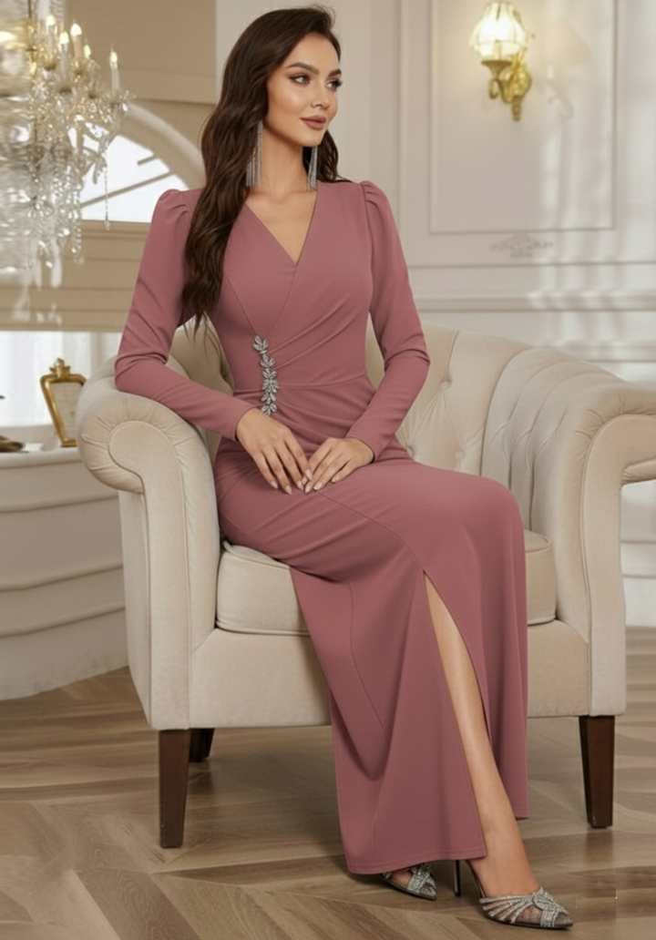 Pudra Uzun Kollu Özel Tasarım Yanları Taş Detaylı Yırtmaçlı Abiye Elbise - 2