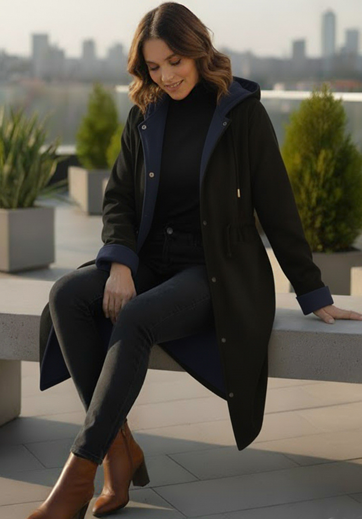 Kapüşonlu İçi Kaşe Su Geçirmez Mikro Kumaş Midi Boy Mont - 2