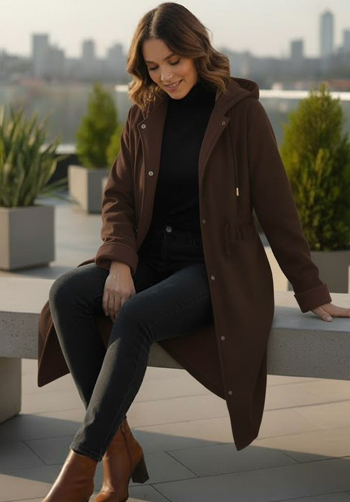 Kapüşonlu İçi Kaşe Su Geçirmez Mikro Kumaş Midi Boy Mont - 2