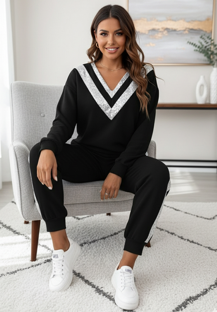 Kadın Uzun Kollu V Yakalı Pulpayetli Viskon İki İplik Bluz ve Pantolon - 2