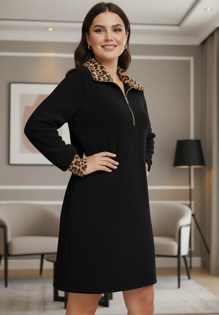 Yakası Leopar Detaylı Kışlık Peluş Mini Elbise - 2