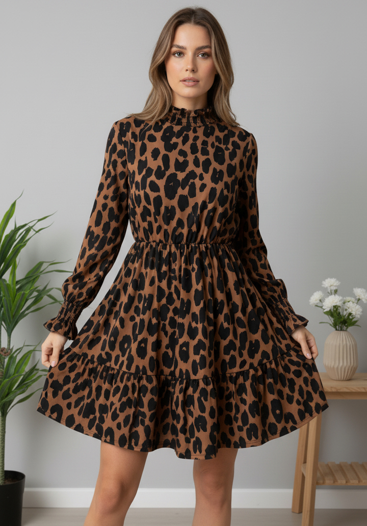 Leopar Desenli Uzun Kollu Beli Lastikli Dik Yaka Mini Elbise - 2