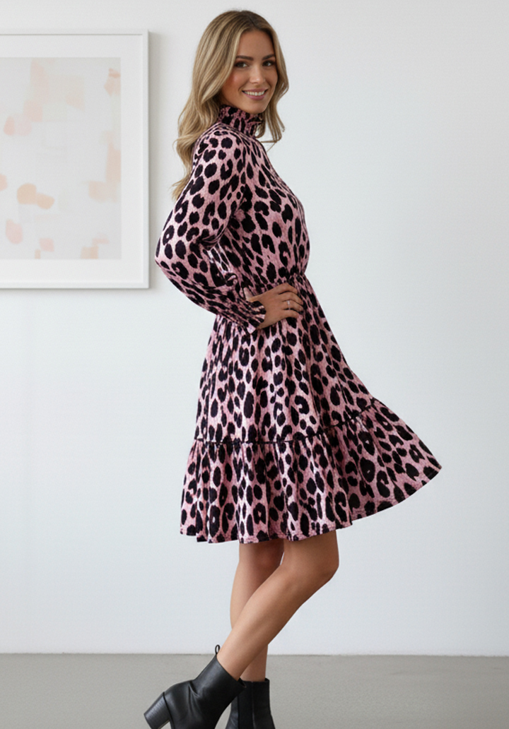 Leopar Desenli Uzun Kollu Beli Lastikli Dik Yaka Mini Elbise - 2