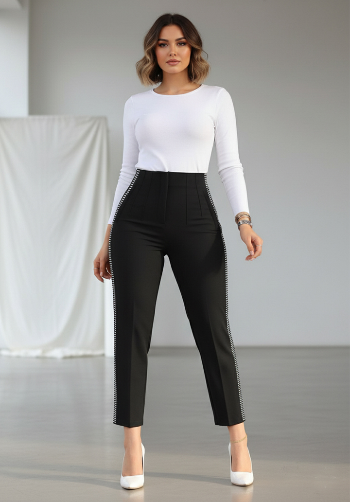 Siyah Yanları Taş Detaylı Yüksek Bel Sigaret Pantolon  - 2