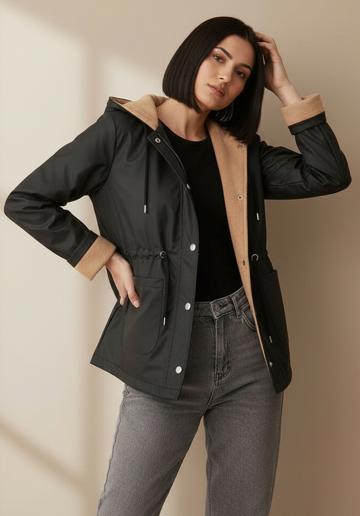 Siyah Kapüşonlu Su Geçirmez İçi Kaşe Astarlı Yağmurluk Ceket - 2