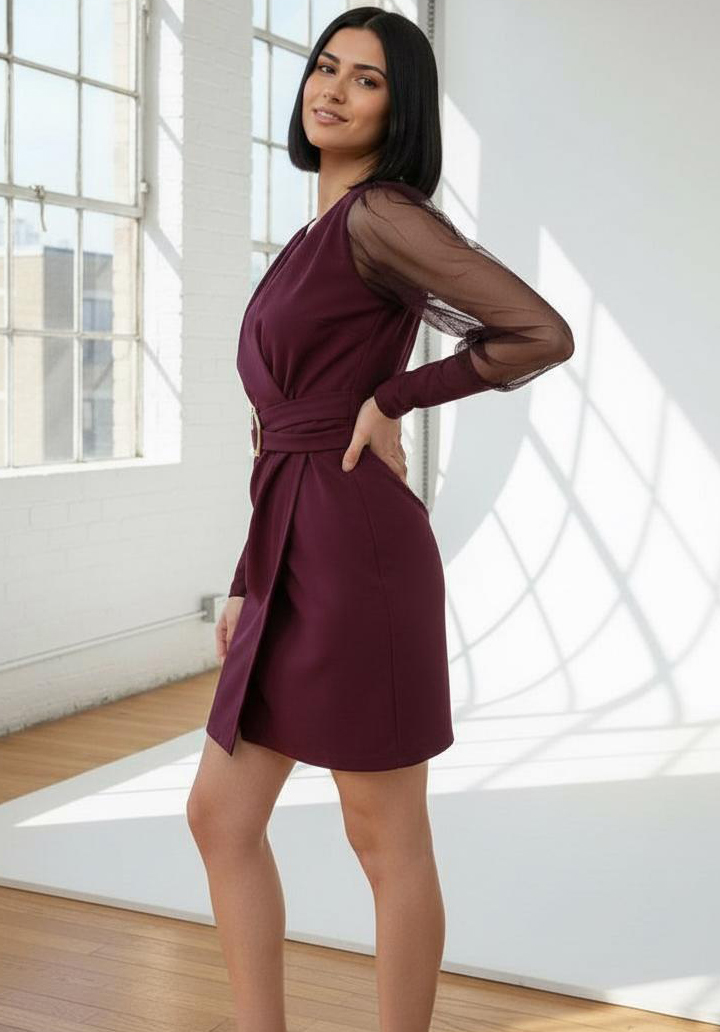 Tül Transparan Kollu Toka Kemerli Mini Abiye Elbise - 2