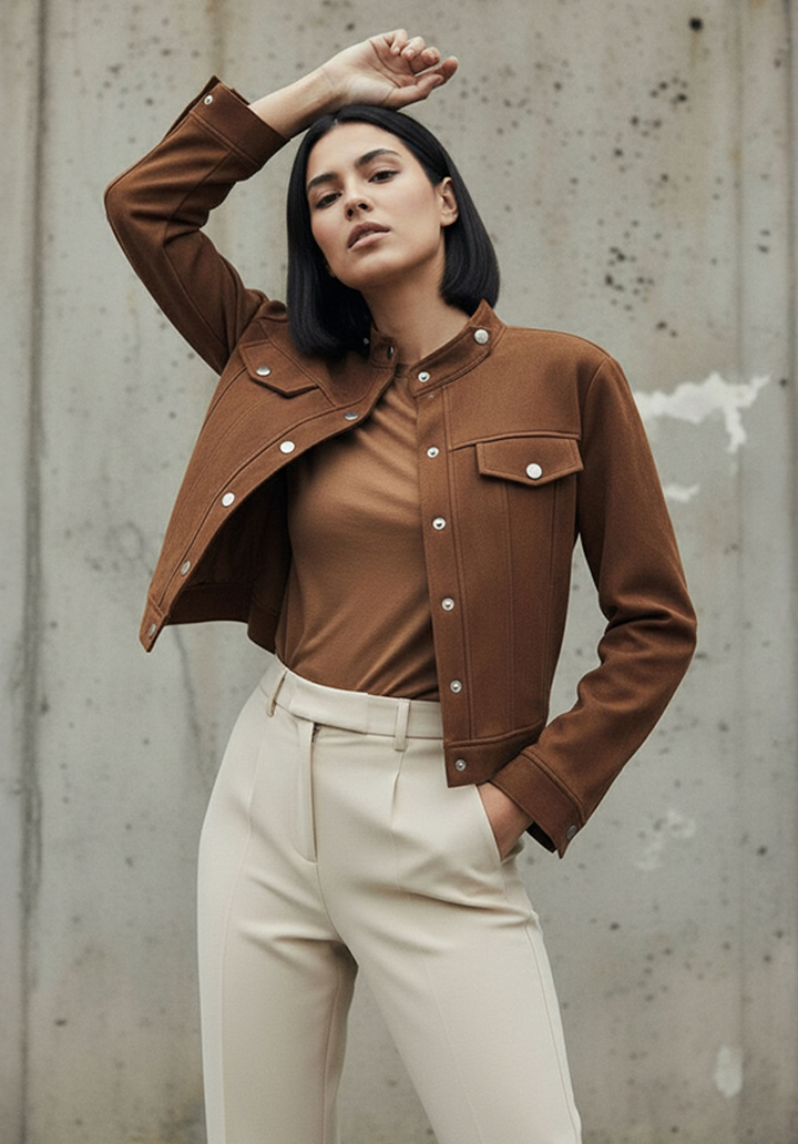 Hakim Yaka Önden Düğmeli Crop Süet Ceket  - 2