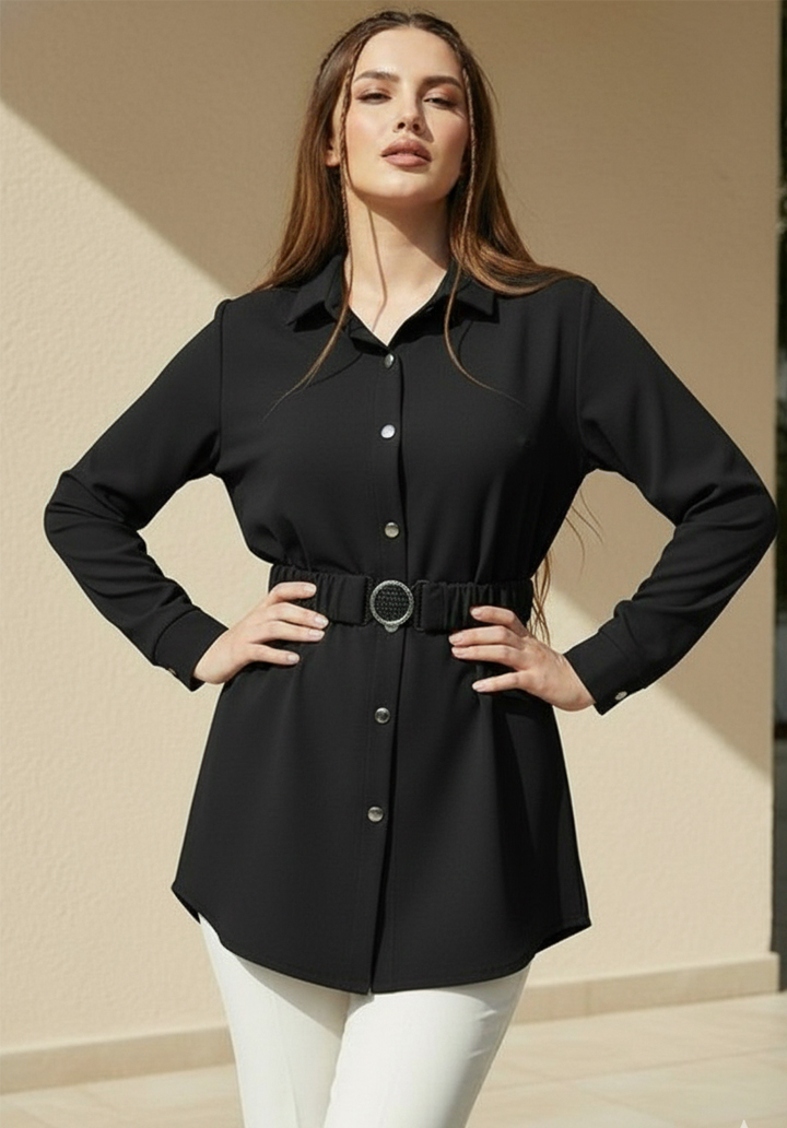 Önden Kemerli Uzun Kollu Yeni Sezon Şık Tunik Gömlek - 2
