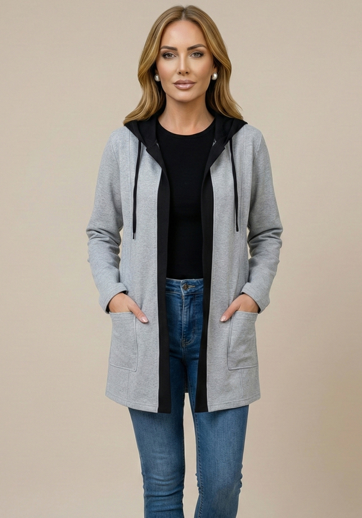 Kapüşonlu İki İplik Kumaş Şardonlu Uzun Hırka - 2