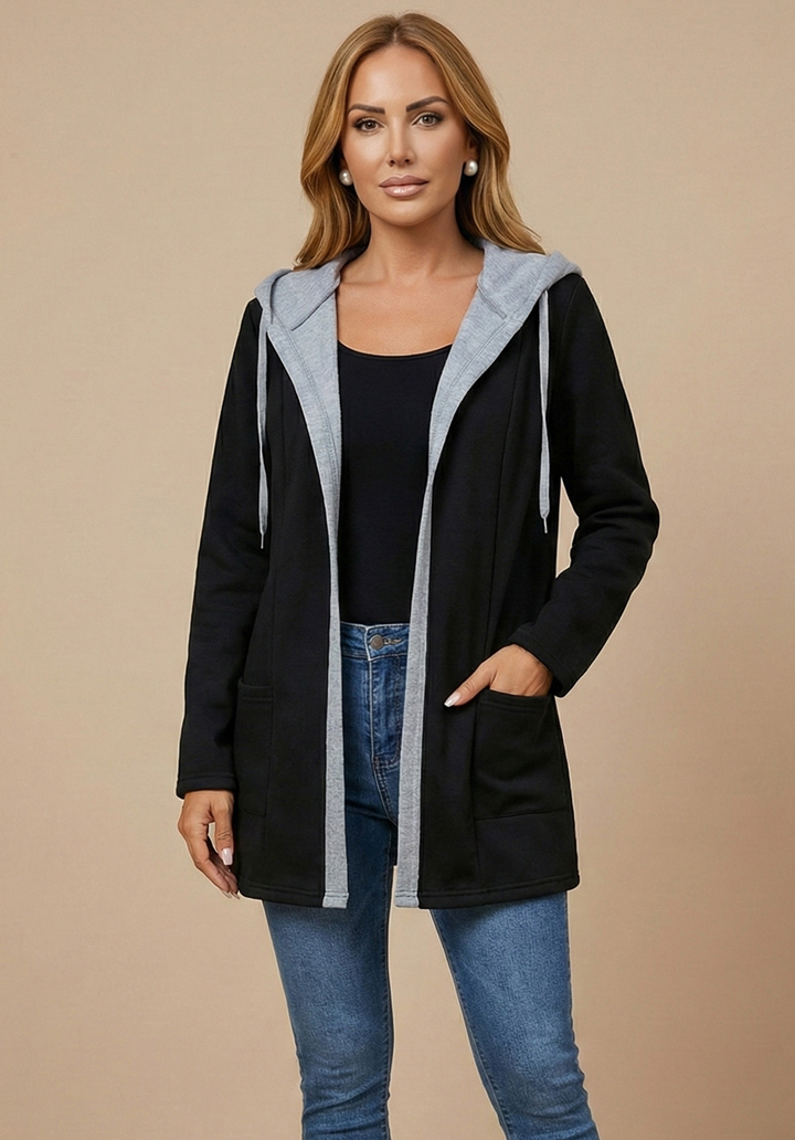 Kapüşonlu İki İplik Kumaş Şardonlu Uzun Hırka - 2