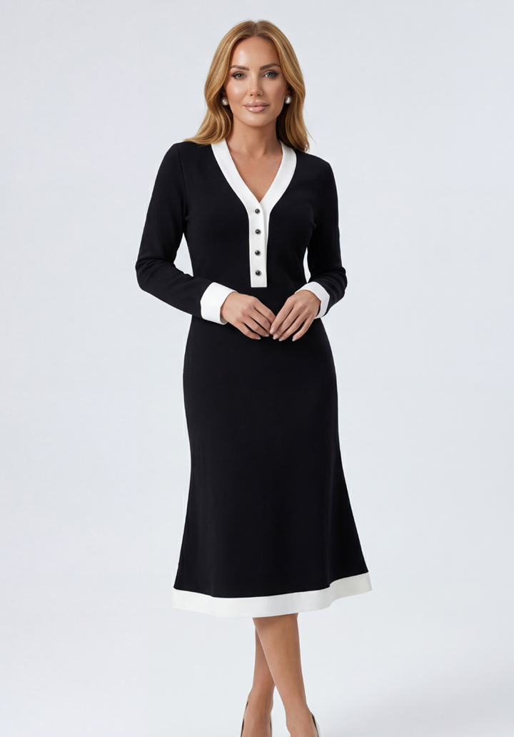 Yaka ve Manşet Detaylı Uzun Kollu Midi Boy Elbise - 2