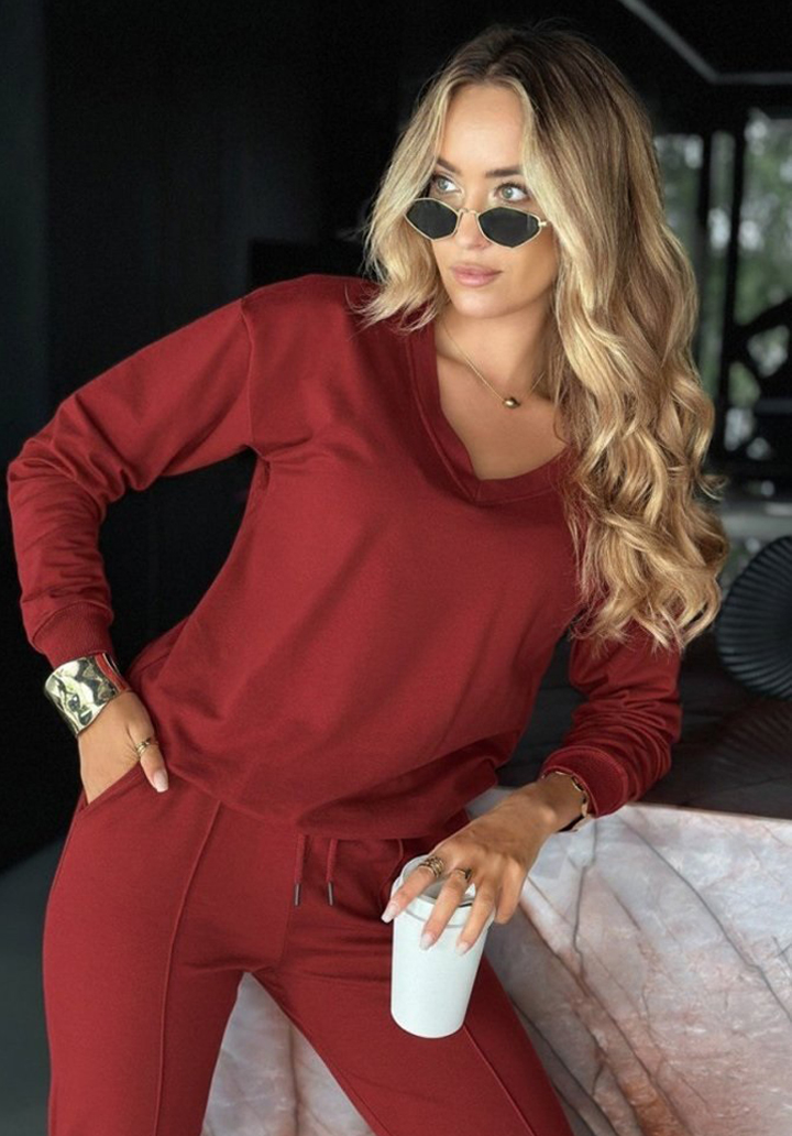 Kırmızı İki İplik V Yaka Sweatshirt Eşofman Alt Üst Kadın Takım Spor Günlük Kombin - 2