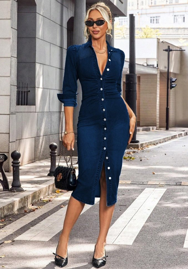 Önden Düğmeli Uzun Kollu Dar Kesim Yakalı Kot Elbise - 2