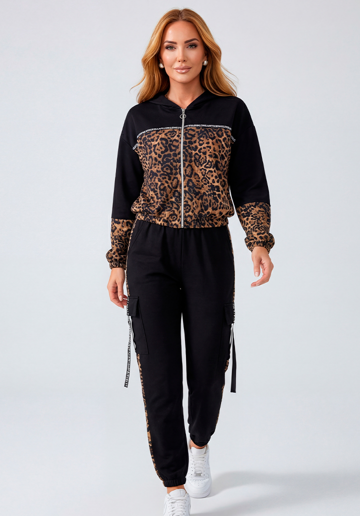 Leopar Desenli Kapüşonlu Fermuarlı Siyah Eşofman Takımı - 2