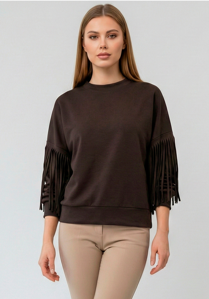 Saçaklı Kol Detaylı Bisiklet Yaka Bluz - 2