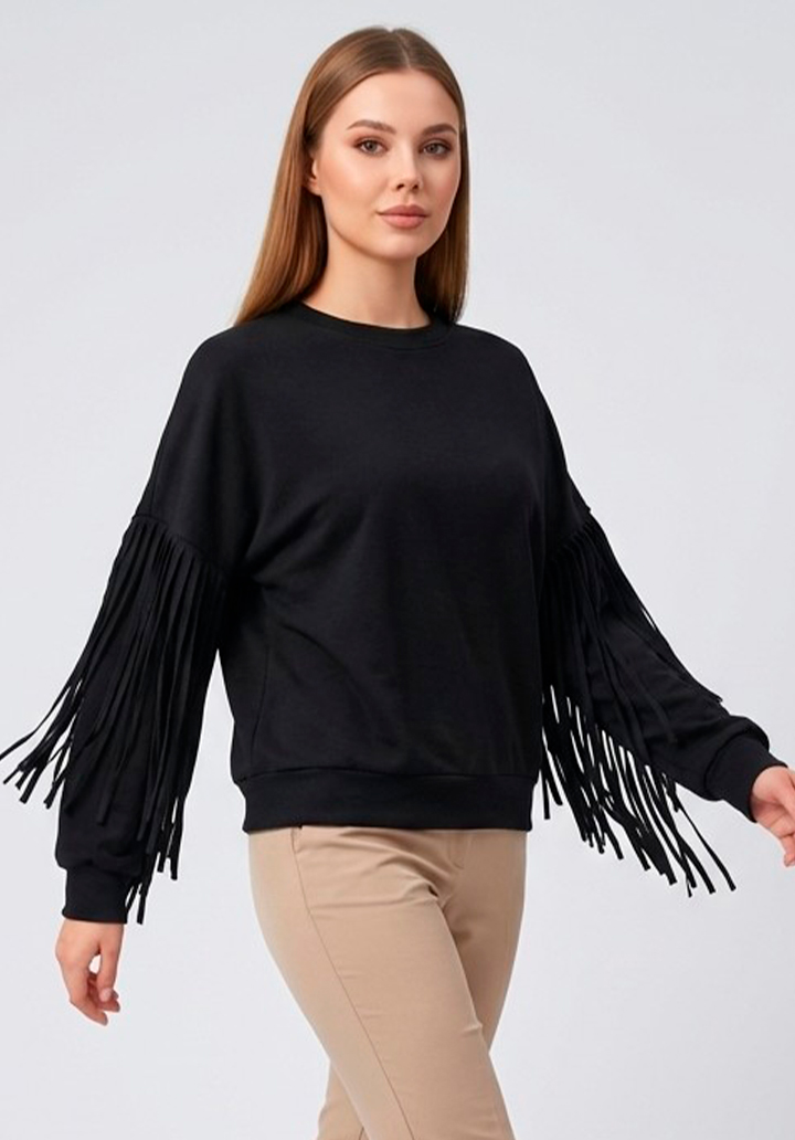 Saçaklı Kol Detaylı Bisiklet Yaka Bluz - 2