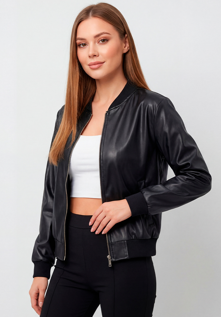 Kadın Önden Fermuarlı Ribanalı Yaka Manşet Siyah Deri Spor Ceket - 2
