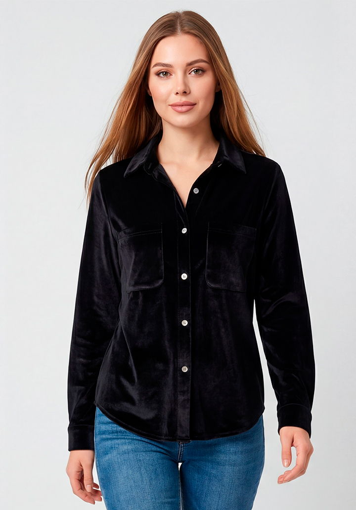 Siyah Cepli  Düğmeli Yumuşak Dokulu Günlük Şık Kadife Gömlek - 2