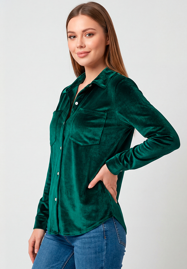 Siyah Cepli  Düğmeli Yumuşak Dokulu Günlük Şık Kadife Gömlek - 2