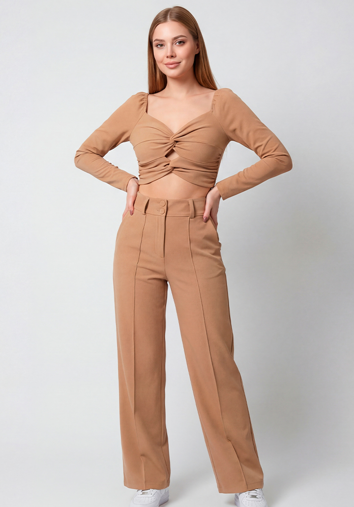 Kadın Göğüs Dekolteli Yüksek Bel Pantolon ve Crop Bluz İkili Takım - 2