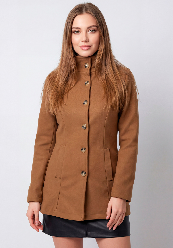 Kadın Taba Dik Yaka Düğmeli Astarsız Kaşe Kaban - 2